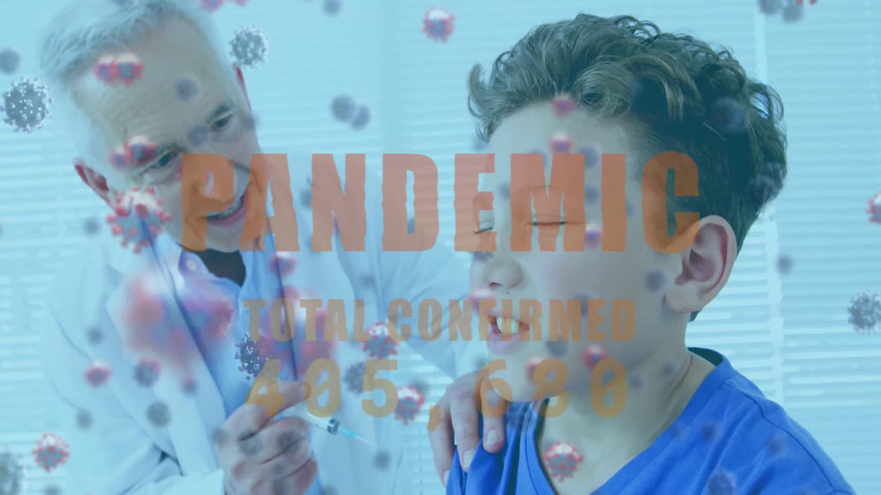 총 확정된 증가 숫자와 소년에게 백신을 접종하는 의사와 함께 전염병이라는 단어의 애니메이션
