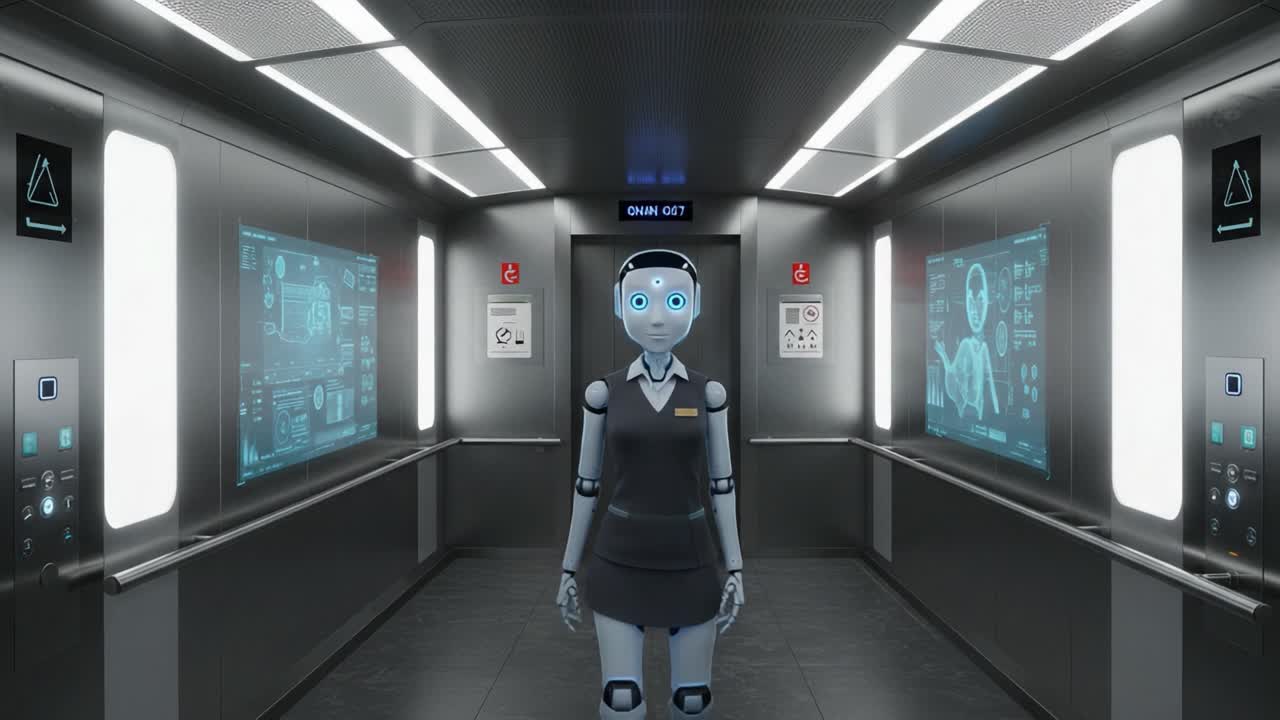 A humanoid robot stands confidently in a futuristic elevator, equipped with high-tech displays, showcasing advanced AI technology and human-like features