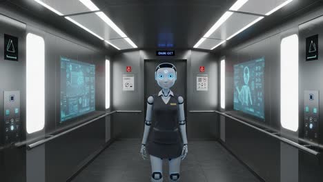 a humanoid robot stands confidently in a futuristic elevator, equipped with high-tech displays, showcasing advanced ai technology and human-like features