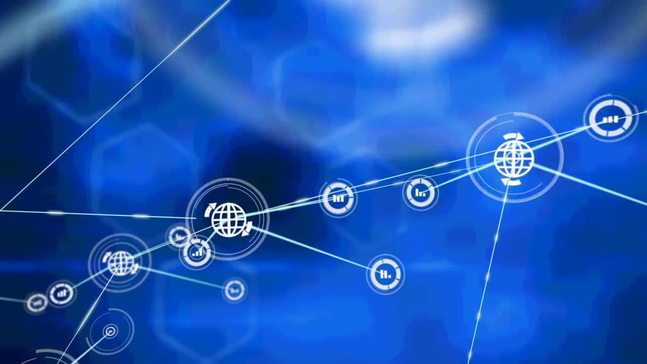 animación de redes de conexiones con iconos sobre hexágonos azules