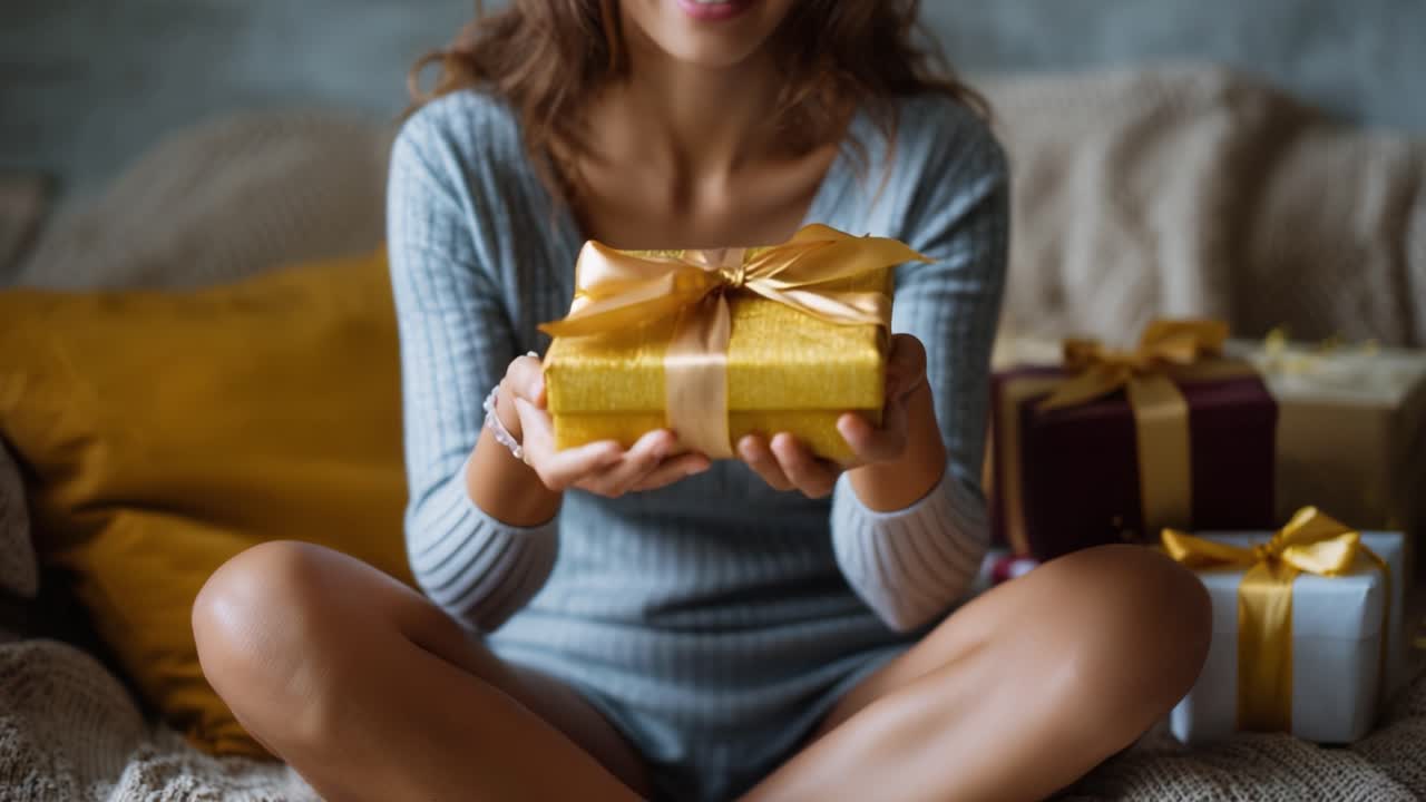 Una giovane donna che tiene gioiosamente un regalo con un nastro dorato, seduta comodamente su un divano e circondata da regali incartati in un'atmosfera accogliente.