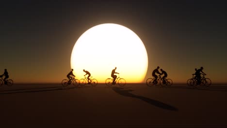 bicycle silhouettes pass by in front of large