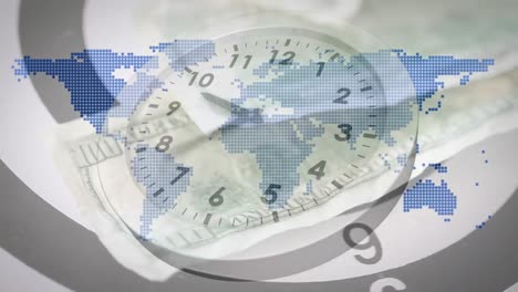 animation of clock moving and world map over banknotes