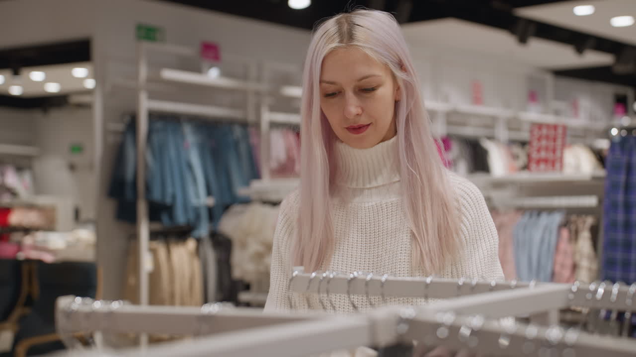 Contemplative customer with long hair browses cloth rack in modern boutique with another shopper in background under warm ambient lighting, wearing white sweater and carrying black bag