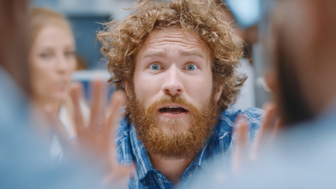 An Intense Moment of Panic: A Man with Curly Hair and a Beard Expresses Fear in a Group Setting, Captured from Two Different Angles