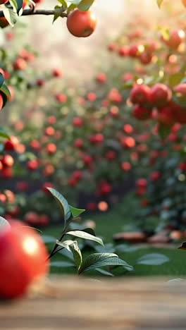 Picking apples in an orchard. Rows of apple trees heavy with ripe fruit glisten in the sunlight, while some apples lie scattered on the ground.