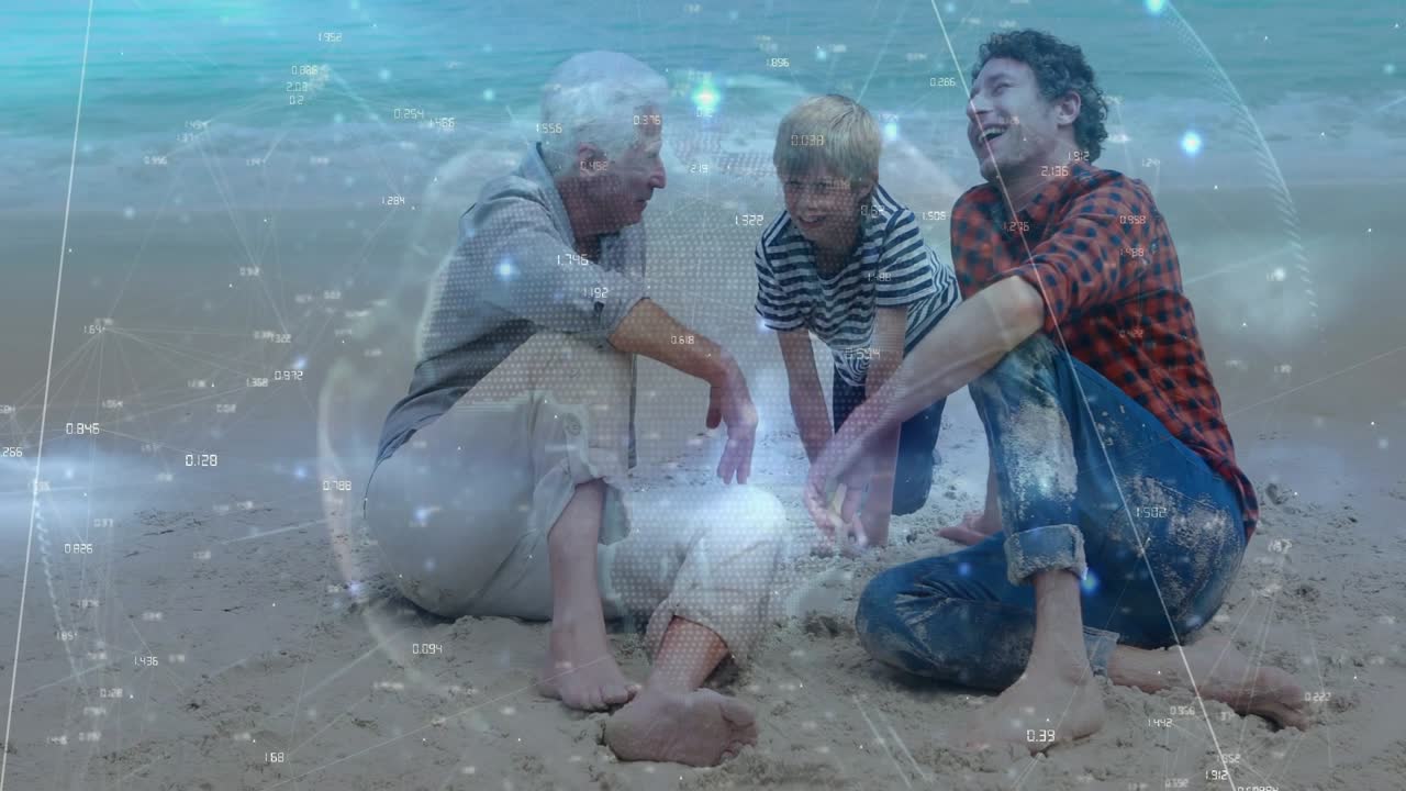 Tres hombres sentados en la playa, un niño tocando la arena, lo que hace que un HUD tecnológico brille sobre sus manos, creando un vínculo.
