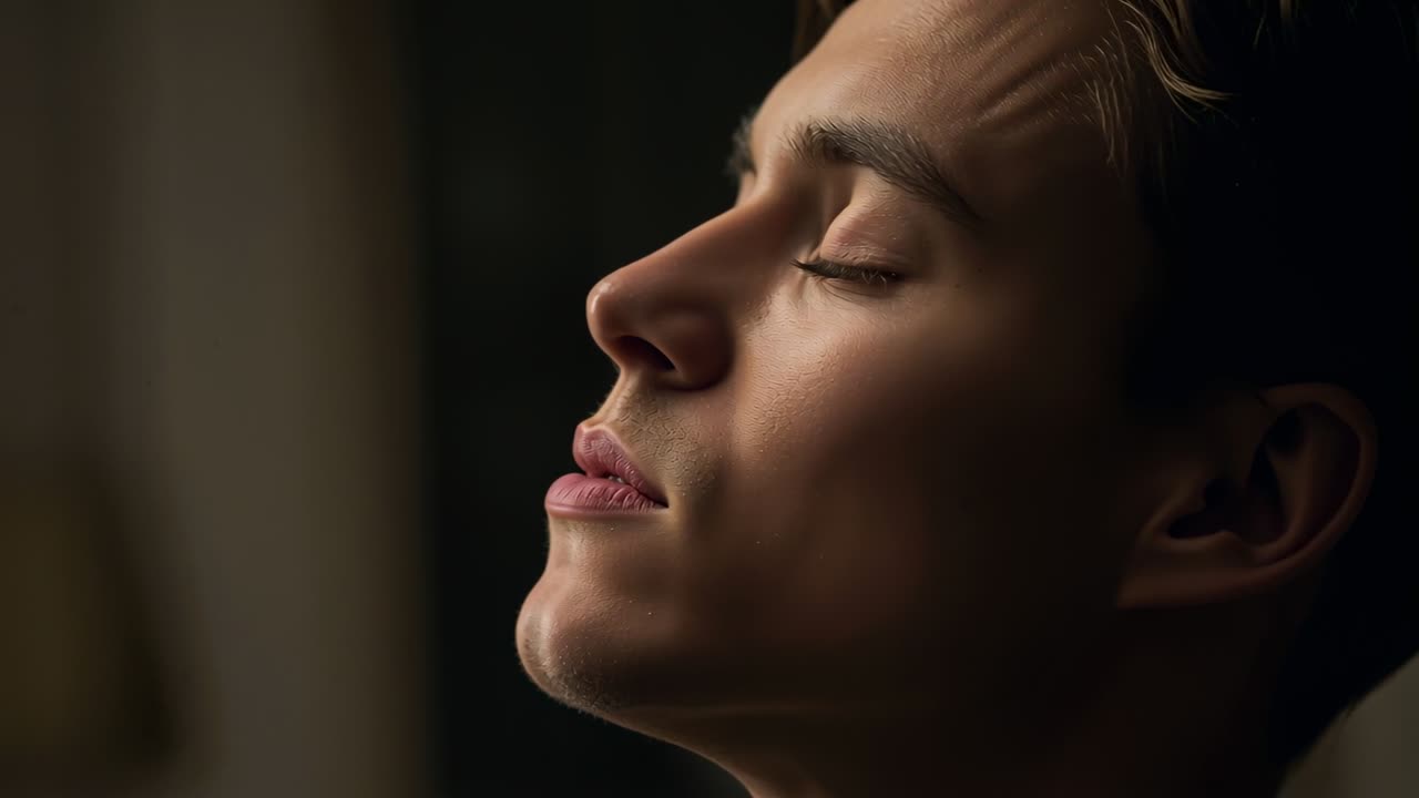 Respirando, homem inclinando a cabeça para trás, fechando os olhos, levando a mão ao pescoço no apoio de cabeça no quarto, com luminária.