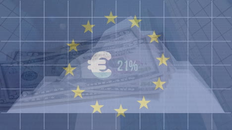 animación de la bandera de la unión europea, dólares estadounidenses y procesamiento de datos financieros.