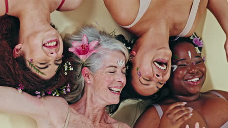 diversity, face flowers and happy women laugh