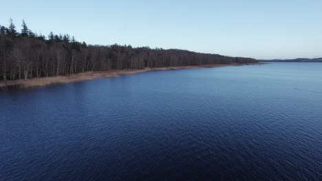 Birdseye-View-of-Skanderborg-Lake-and-it's-Shoreline,-Denmark---Dolly-In-Shot