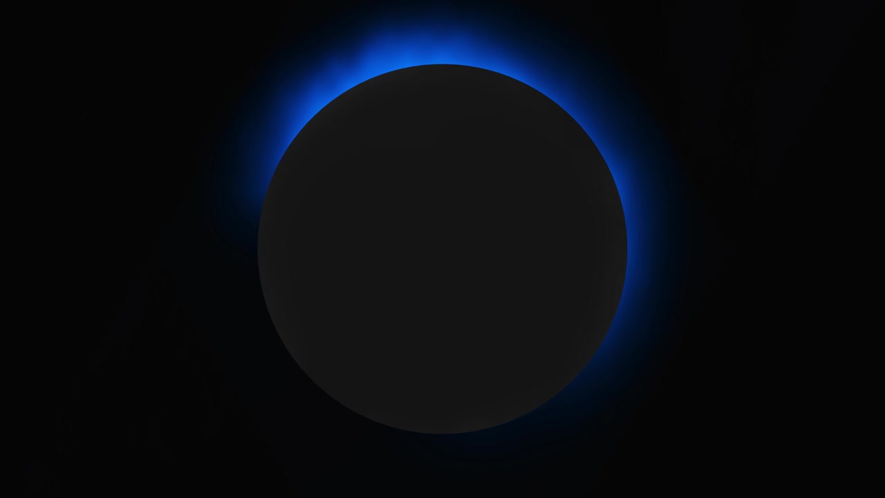 青い縁の宇宙球体背景に、黒い惑星の形、柔らかなハロー照明、そして劇的な蝕。
