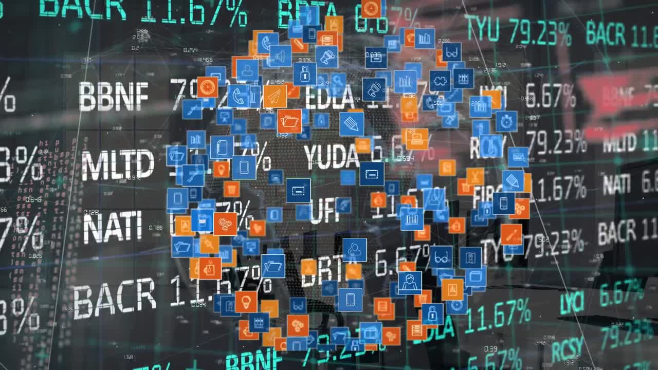 Animation of financial data processing over globe with icons