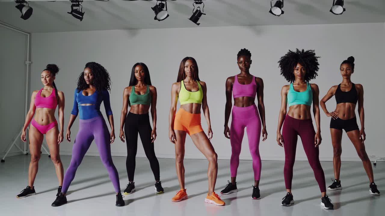 Un gruppo eterogeneo di donne in abbigliamento sportivo colorato posa con sicurezza in uno studio.