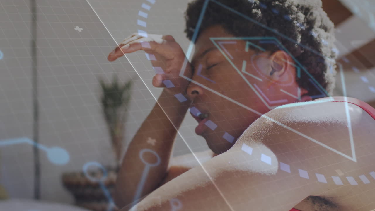 Resting man with digital animation of data and geometric shapes overlaying him