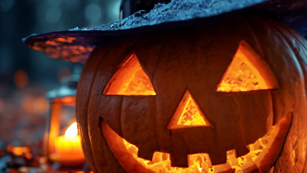 A pumpkin with a witch's hat on top of it is lit up with candles. The scene is set in a forest, with leaves on the ground and a dark, mysterious atmosphere