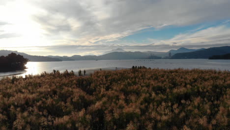 A-drone-shot-of-lake-plants-and-sunset-at-Sun-Moon-Lake