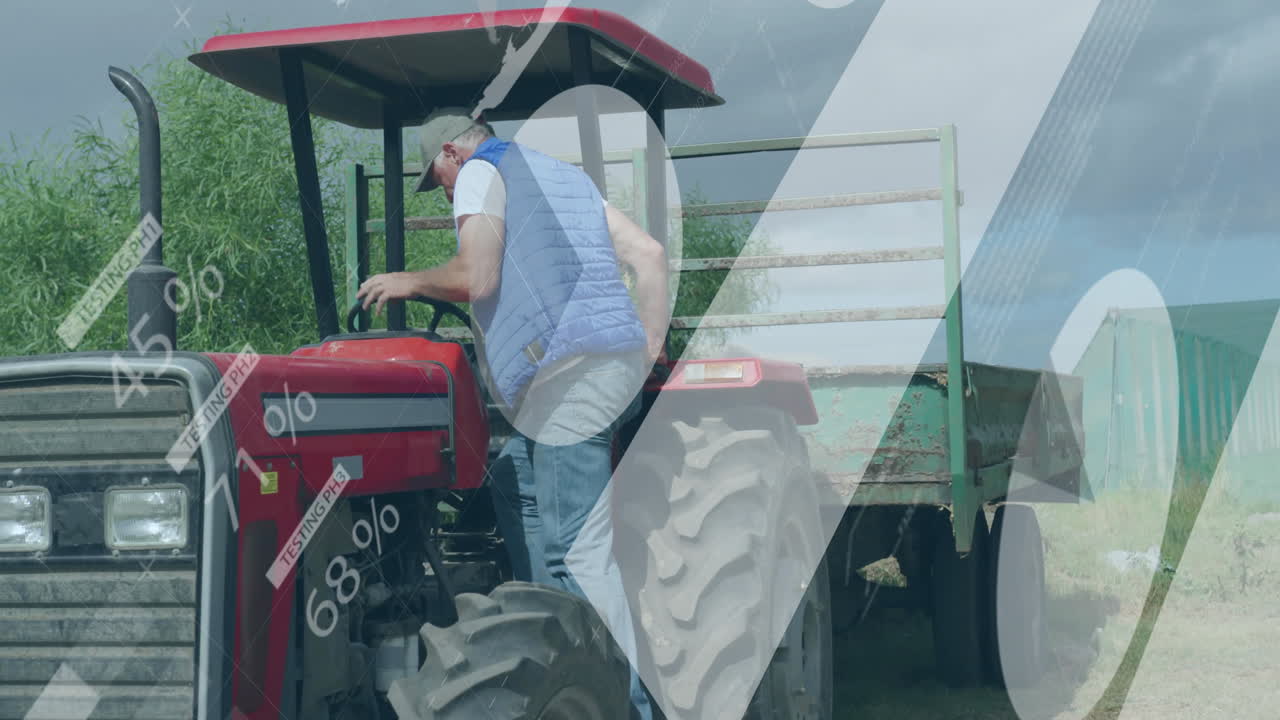 Farmer operating tractor outdoors, displaying animated data charts for agriculture monitoring