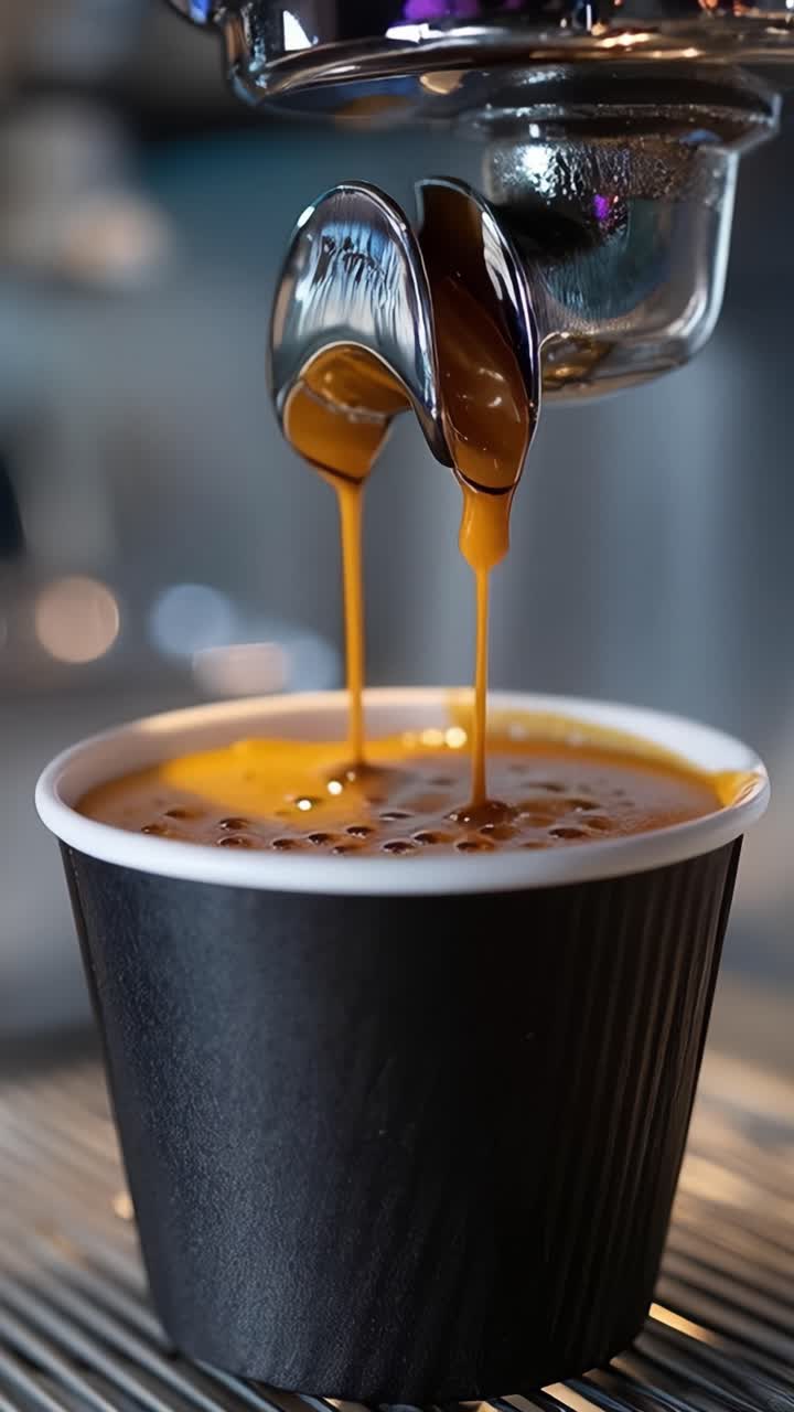 Caffè espresso appena preparato che si versa in una tazza nera, catturato in due fotogrammi dinamici che mostrano il colore ricco e la consistenza del processo di estrazione del caffè.