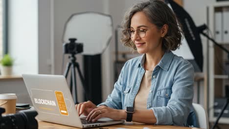 professional woman engaged in digital work on computer, exploring blockchain technology and innovative solutions in a modern workspace environment