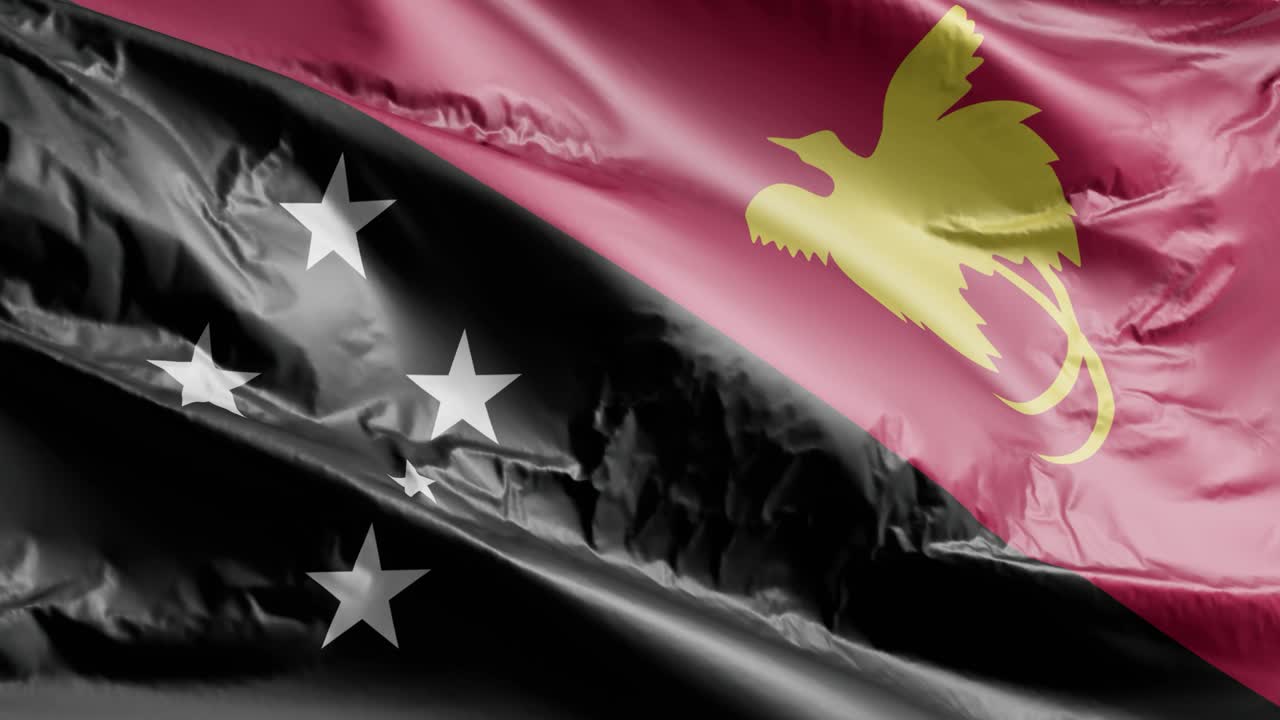 파푸아 뉴기니의 발이 바람에 흔들리고, 파푸아뉴기니의 배너가 바람에 휘어지고, 배경이 가득 차 있고, 10초의 루프가 펼쳐져 있다.