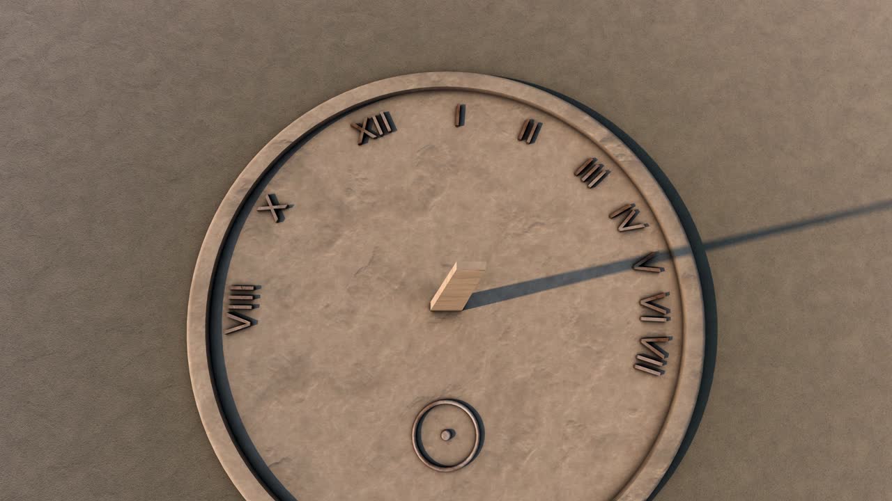 Rendering 3D di un timelapse del movimento del sole che illumina una meridiana in pietra