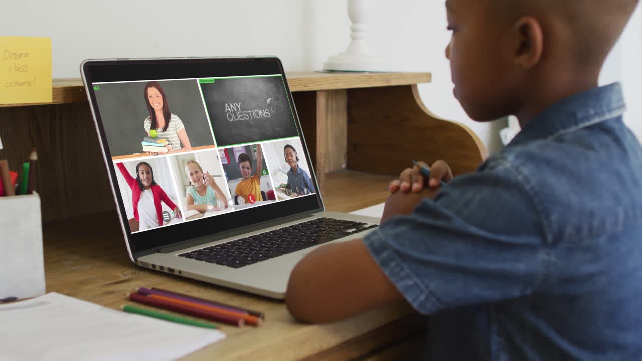 Composite video of boy using laptop, with screens of diverse class and teacher in online lesson
