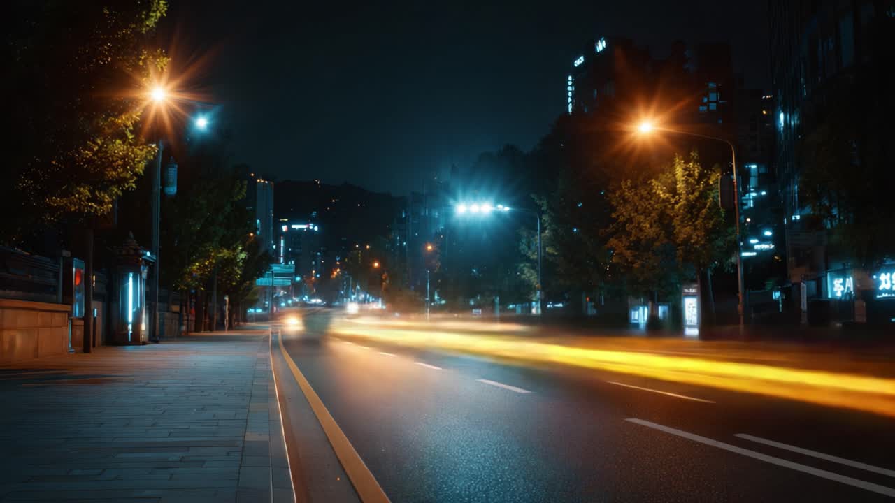 Paesaggio urbano notturno sereno con luci sfocate su una strada trafficata, che mostra la bellezza e la vivacità della vita urbana in mezzo a uno skyline scuro.