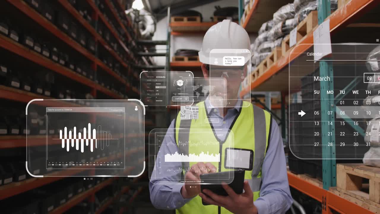 창고에서 일하는 백인 남성의 화면에서 데이터 처리의 애니메이션