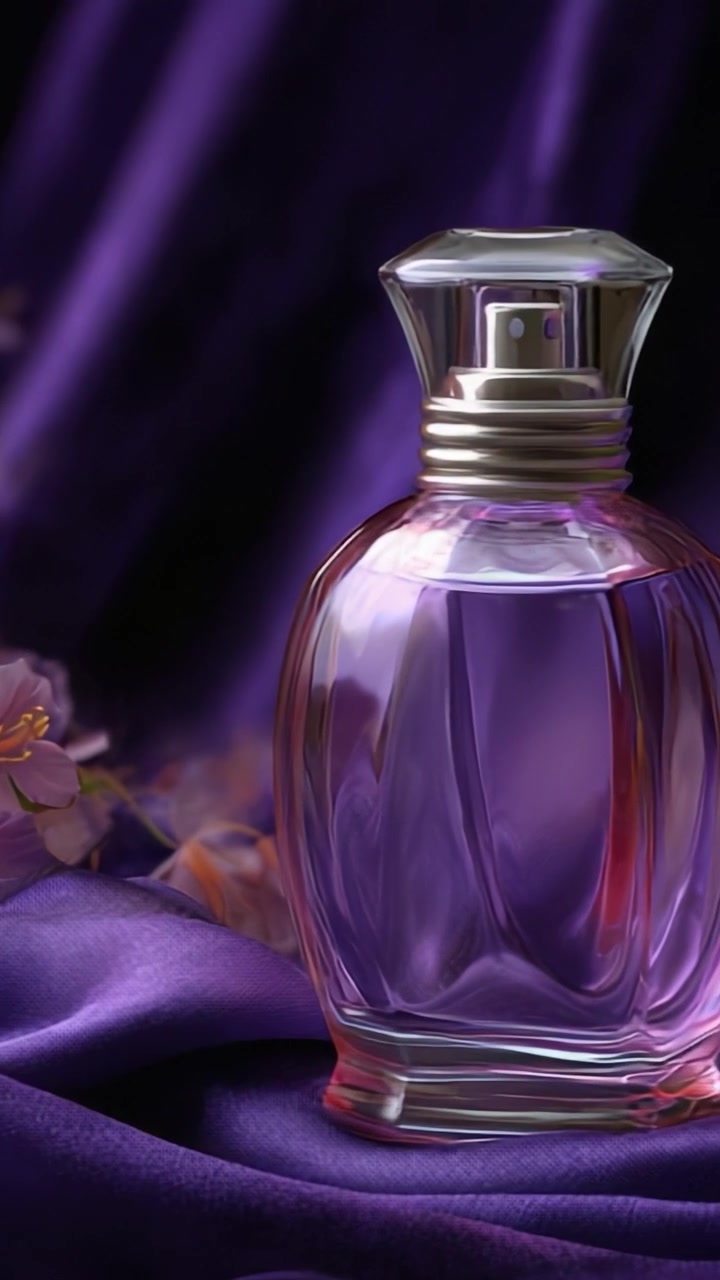 Elegante e lussuoso flacone di profumo viola circondato da delicati accenti floreali su un ricco sfondo di velluto, perfetto per gli amanti dei profumi sofisticati.