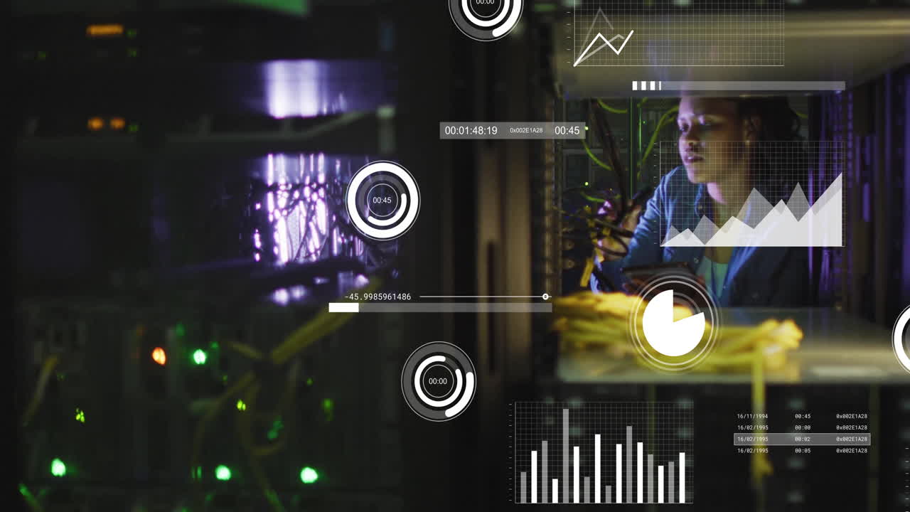 In server room, technician analyzing data with animation graphics on screen