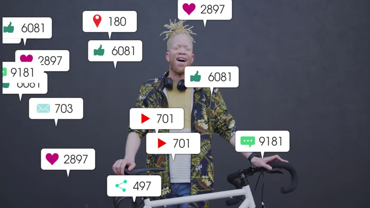 Man holding bicycle reacting as social alerts multiplying, obscuring then clearing, showing reach