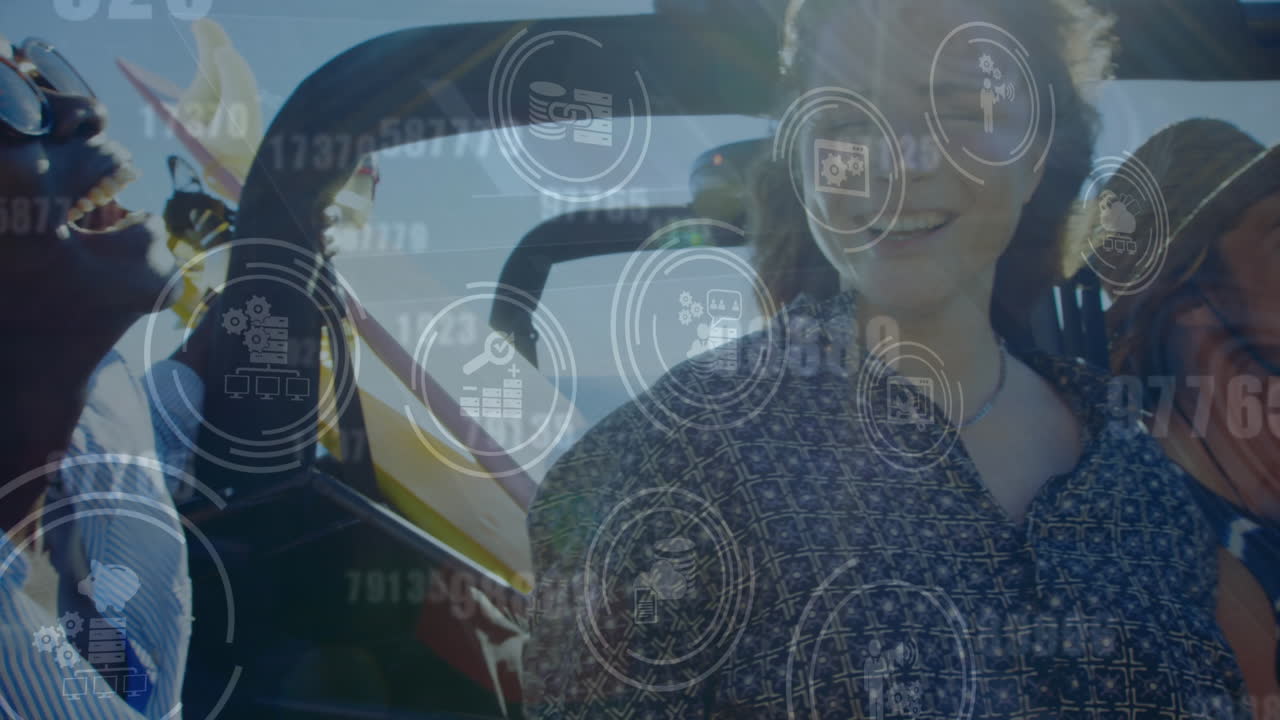 animación de iconos digitales sobre un grupo diverso de amigos disfrutando en el coche durante un viaje por carretera