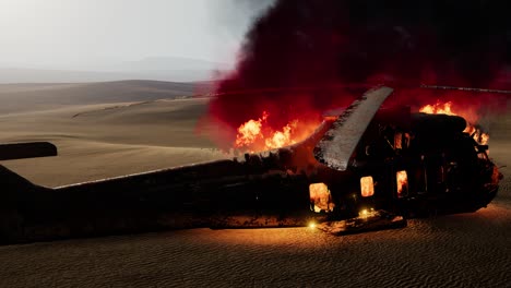 burned military helicopter in the desert at sunset