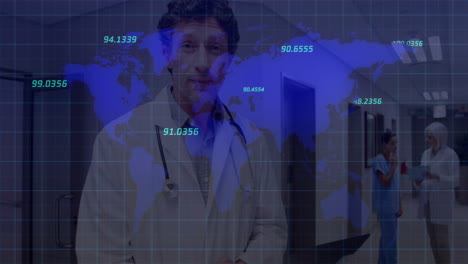 medical doctor wearing stethoscope in hospital corridor while animated world map and data floating