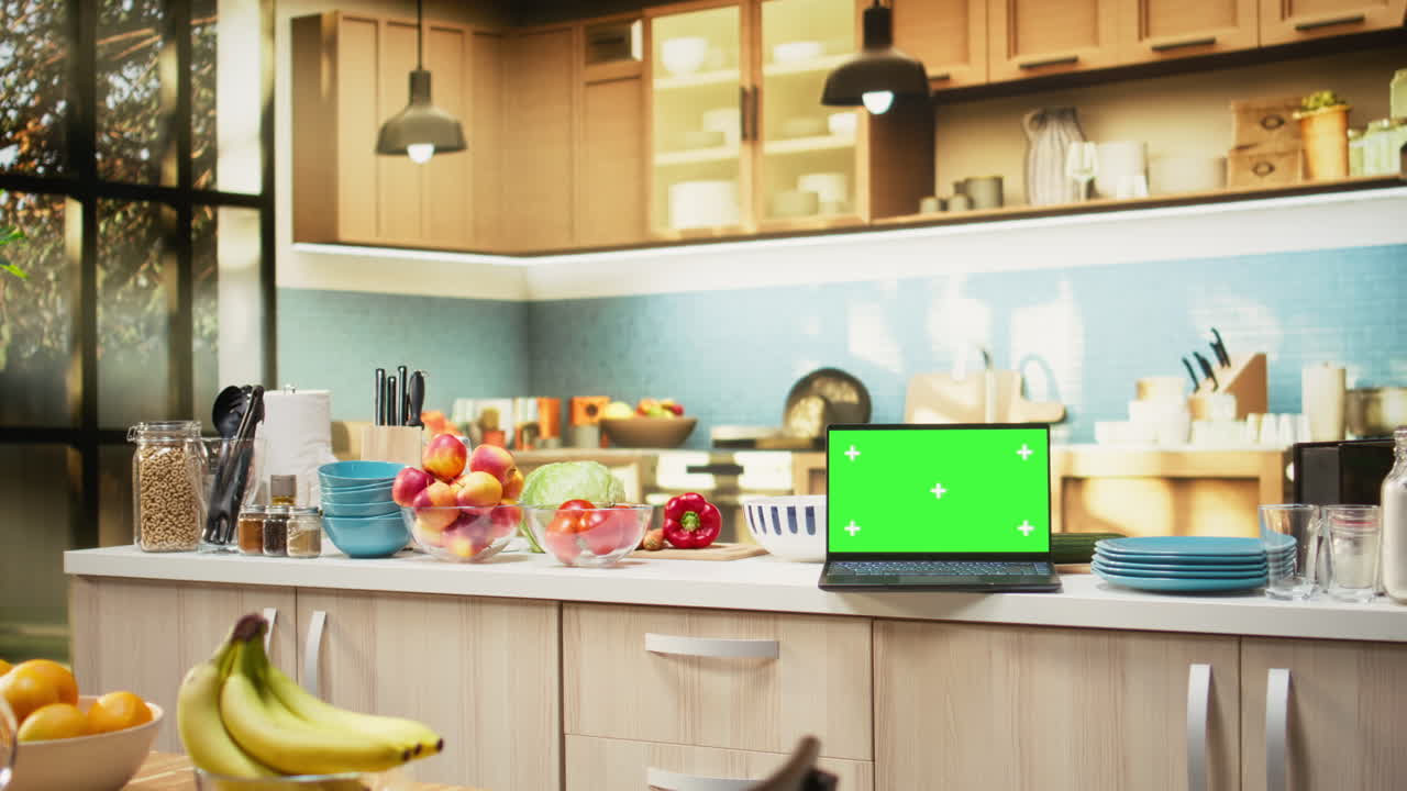 Chroma key display in kitchen interior with minimalist style furniture