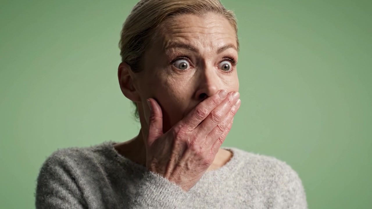 Reazioni sorprendenti catturate in due fotogrammi: il percorso di una donna dalla sorpresa allo shock su uno sfondo verde calmo.
