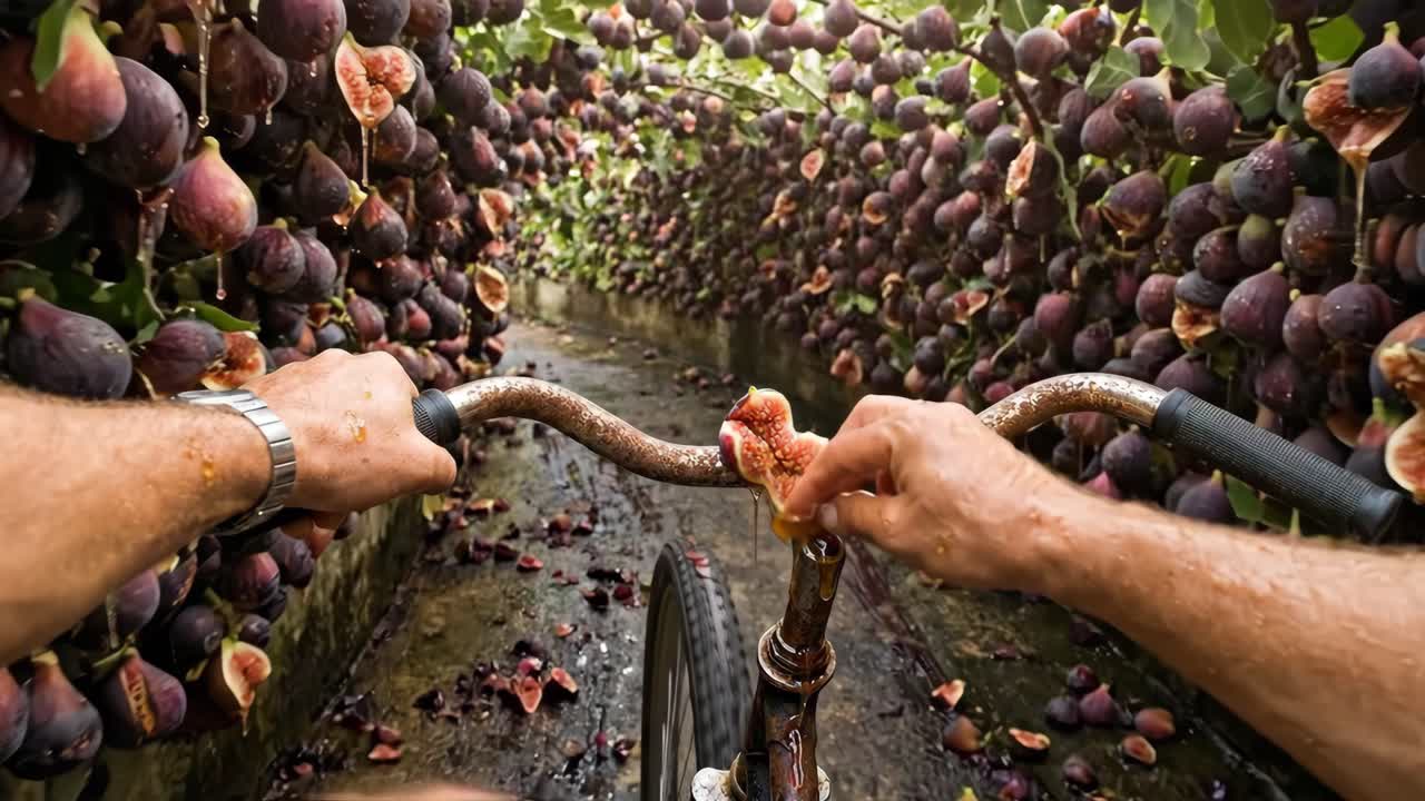 POV Riding Bicycle Through a Dense Fig Orchard