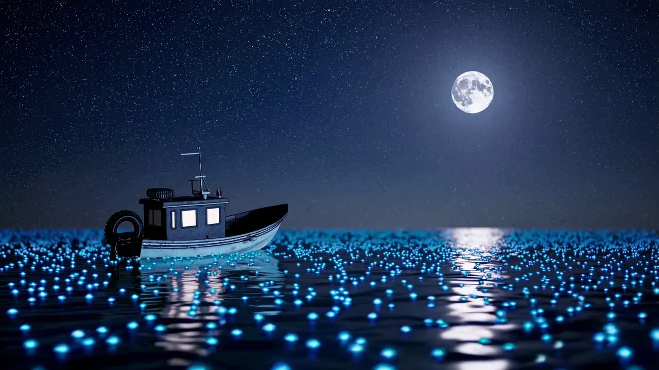 달빛은 조용한 바다에서 떠다니는 작은 시 배를 비추고 있으며, 그 표면은 별이 빛나는 밤 하늘 아래 생물 발광 플랑크톤으로 반인다.