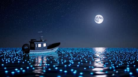moonlight illuminates a small fishing boat drifting on a tranquil ocean, its surface shimmering with bioluminescent plankton under a starry night sky