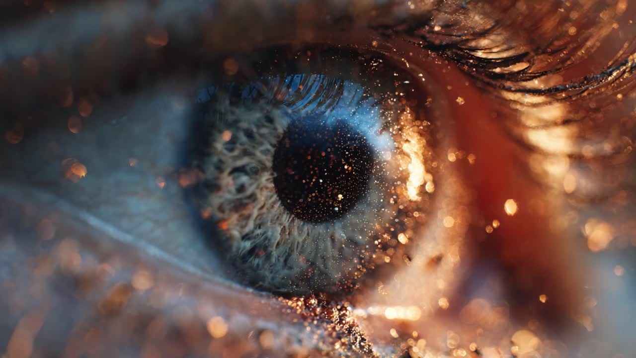 Uno straordinario primo piano di un occhio che cattura la bellezza dei riflessi di luce e delle particelle di glitter, mettendo in mostra dettagli e colori intricati in uno scatto ipnotico