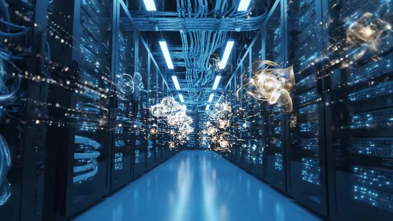 A Futuristic Data Center with Dynamic Cloud Visualizations Amidst Advanced Technology and Networking Equipment in a Neon-Drenched Environment