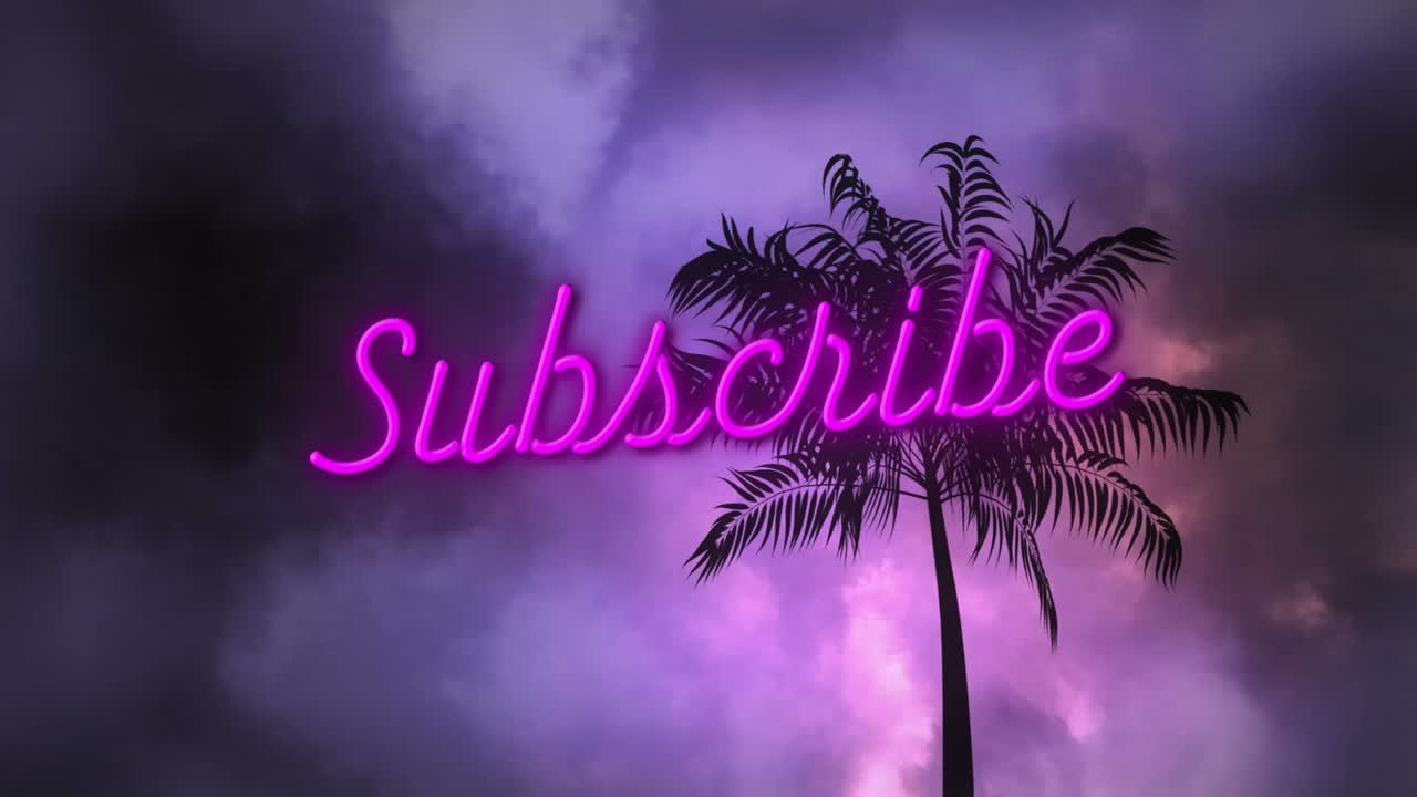 animación del texto de suscripción sobre la palmera y el cielo tormentoso