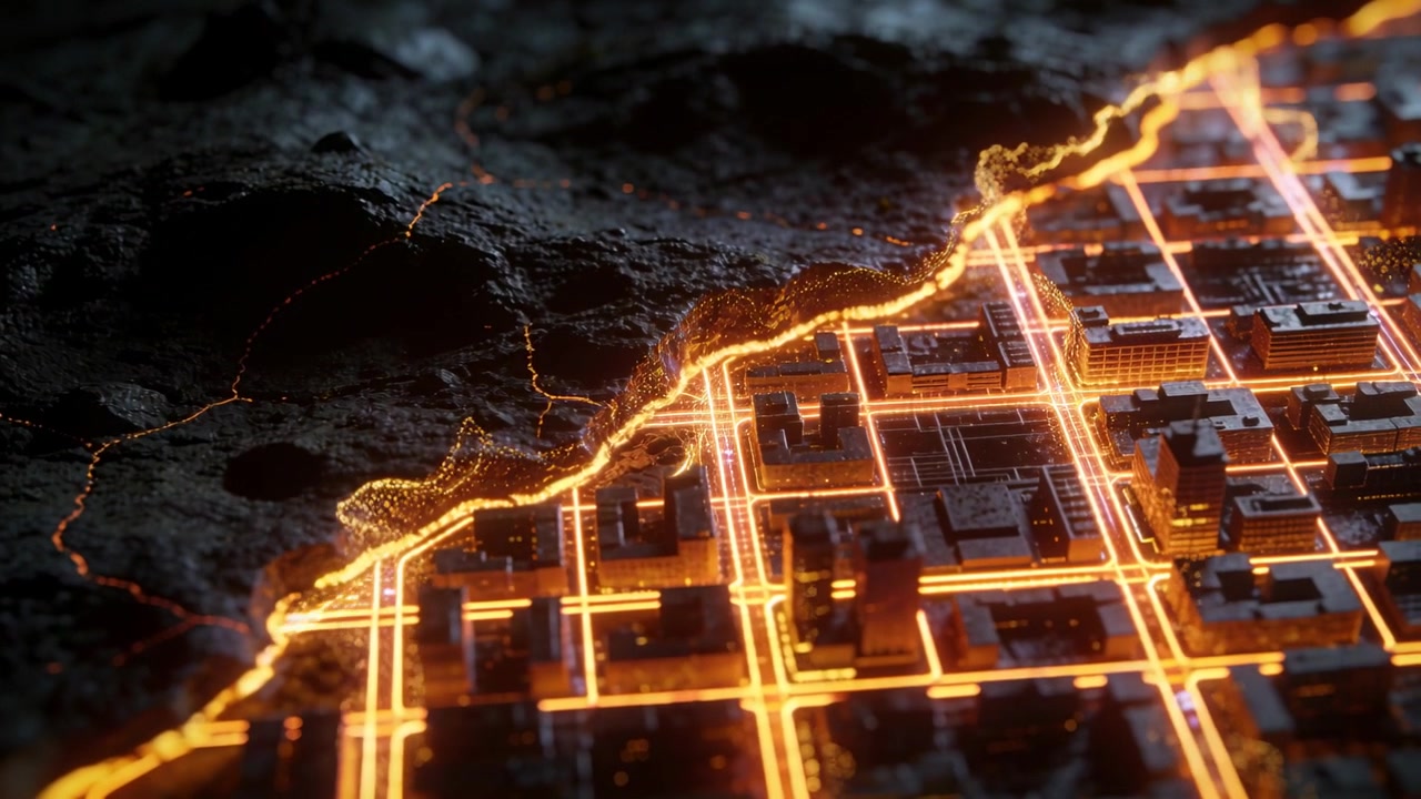 Tracing molten vein energizing glowing micro-city street grid along rocky boundary, sending sparks