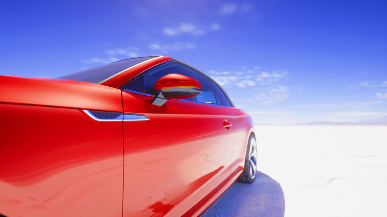 Carro esportivo vermelho impressionante estacionado em um deserto de sal com um céu azul brilhante