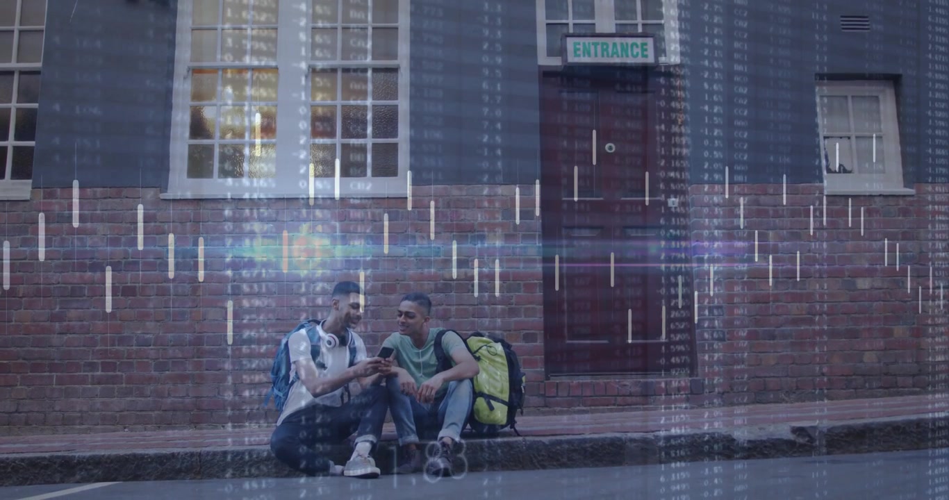 Two friends sitting on curb scanning smartphone and activating finance charts overlaying city scene