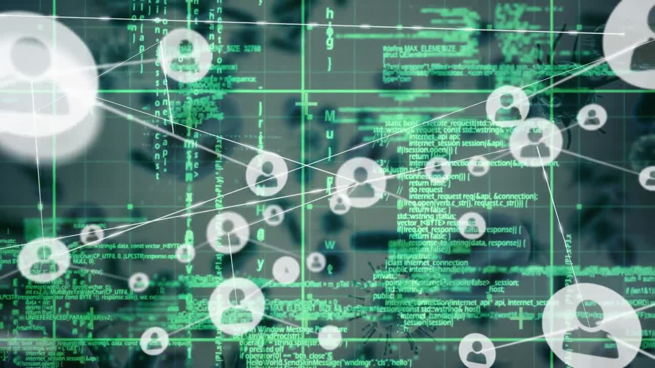 Network of profile icons and data processing against multiple covid-19 cells on grey background