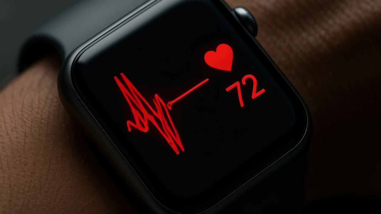 Primo piano di uno smartwatch che mostra un cardiofrequenzimetro con grafici rossi.