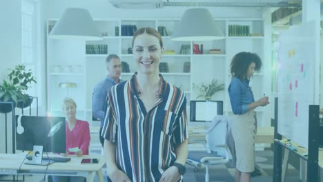 animation of flared light over portrait of happy businesswoman with diverse coworkers in office