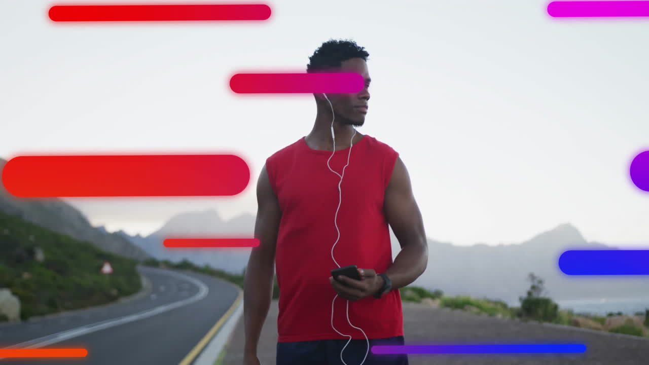 Runner pausing while holding smartphone on mountain road, displaying floating fitness data bars